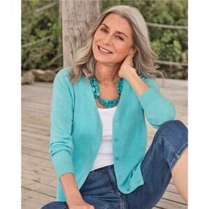 Saks Fifth Avenue 100% Cashmere Cardigan Size S Aqua Blue Sweater Preppy *stain